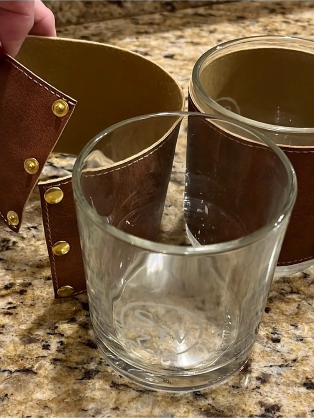 Back on sale! Two Glasses Wrapped With Leather Doubled Snap on Grips